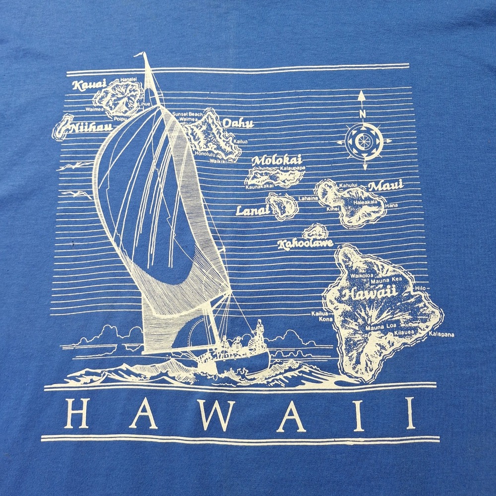 Vintage Fruit of the Loom Hawaii Sailing Map T-Shirt Blue XL Made in USA 90's